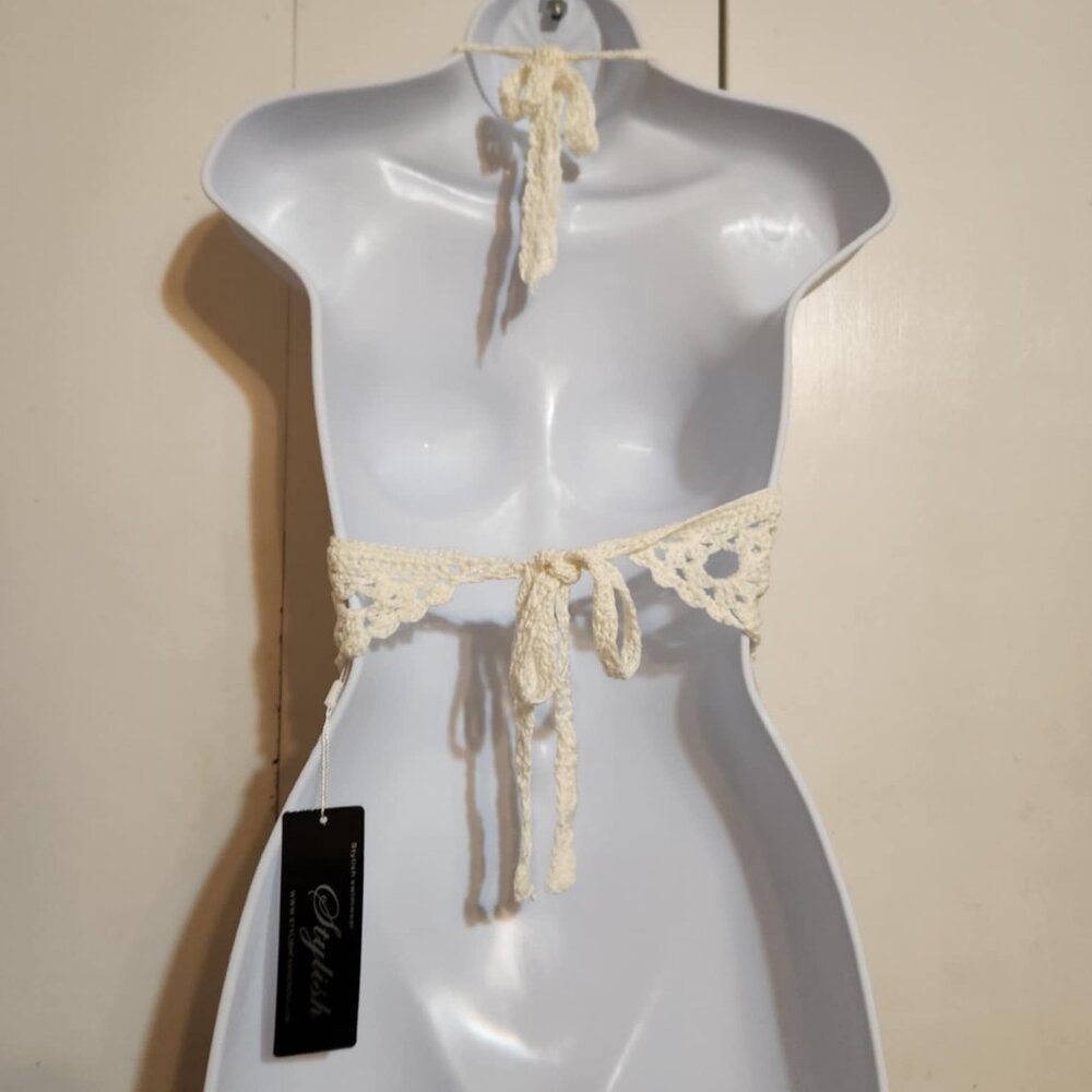 Medium Stylish Swim Crochet Halter Bralette Boho Festival Beachwear Bikini Top - Picture 3 of 5